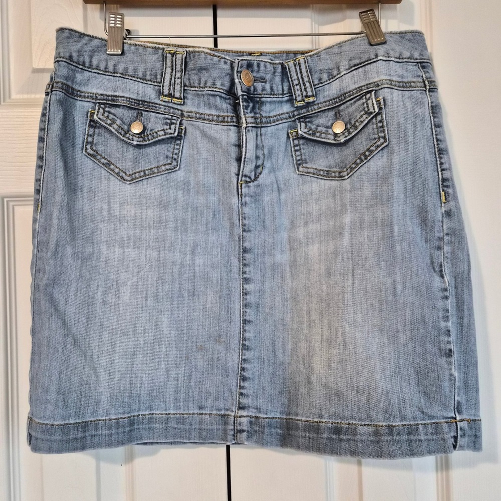 Tommy Hilfiger Denim Mini‎ Skirt Light Wash Stretch Y2K Front Flap Pockets 8